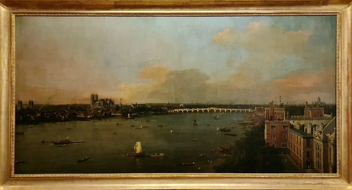 A framed Canaletto view of the River Thames looking towards Westminster, hung in the Lobkowicz Palace.